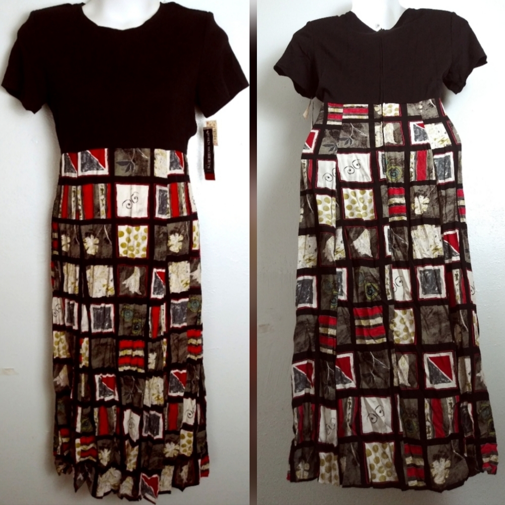 John Roberts Vintage Y2K Combo Midi Dress Women's Size 14 Black Patchwork Print